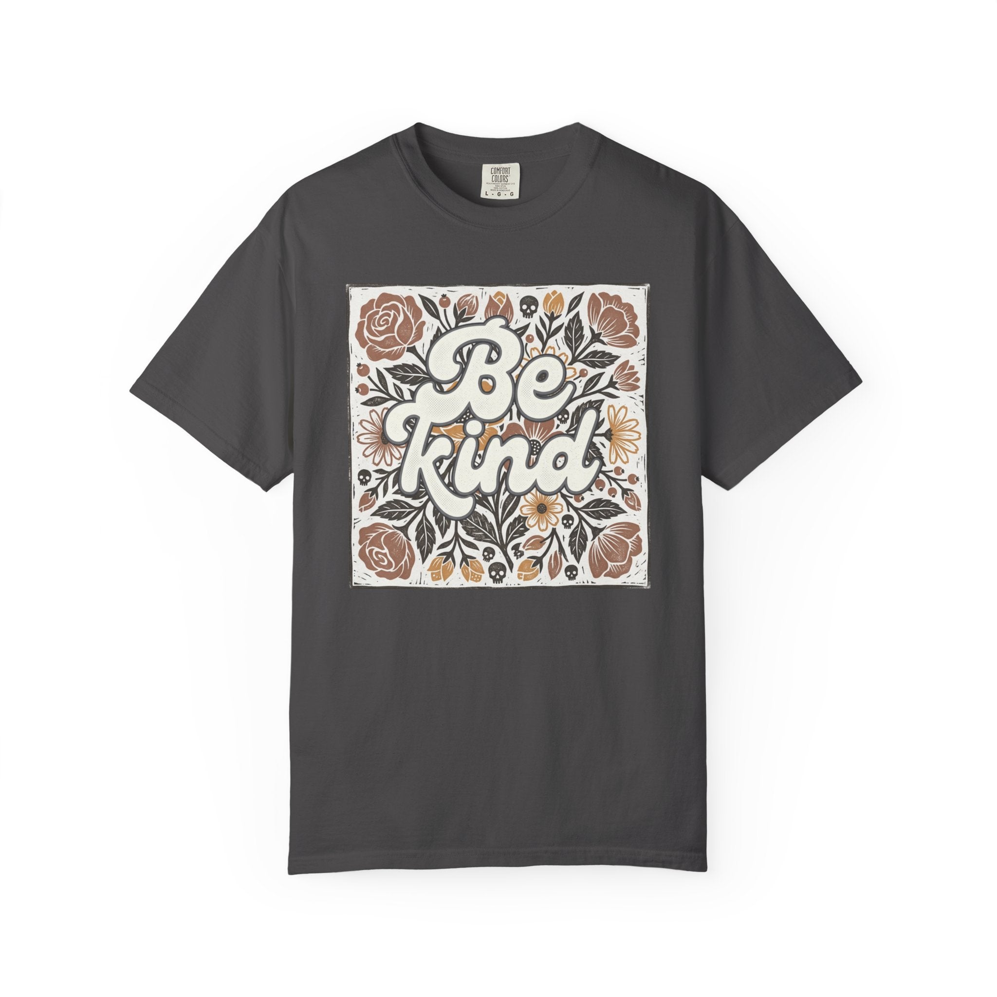 Be Kind Floral T-Shirt — Linocut Vintage Rose Positive Message Tee