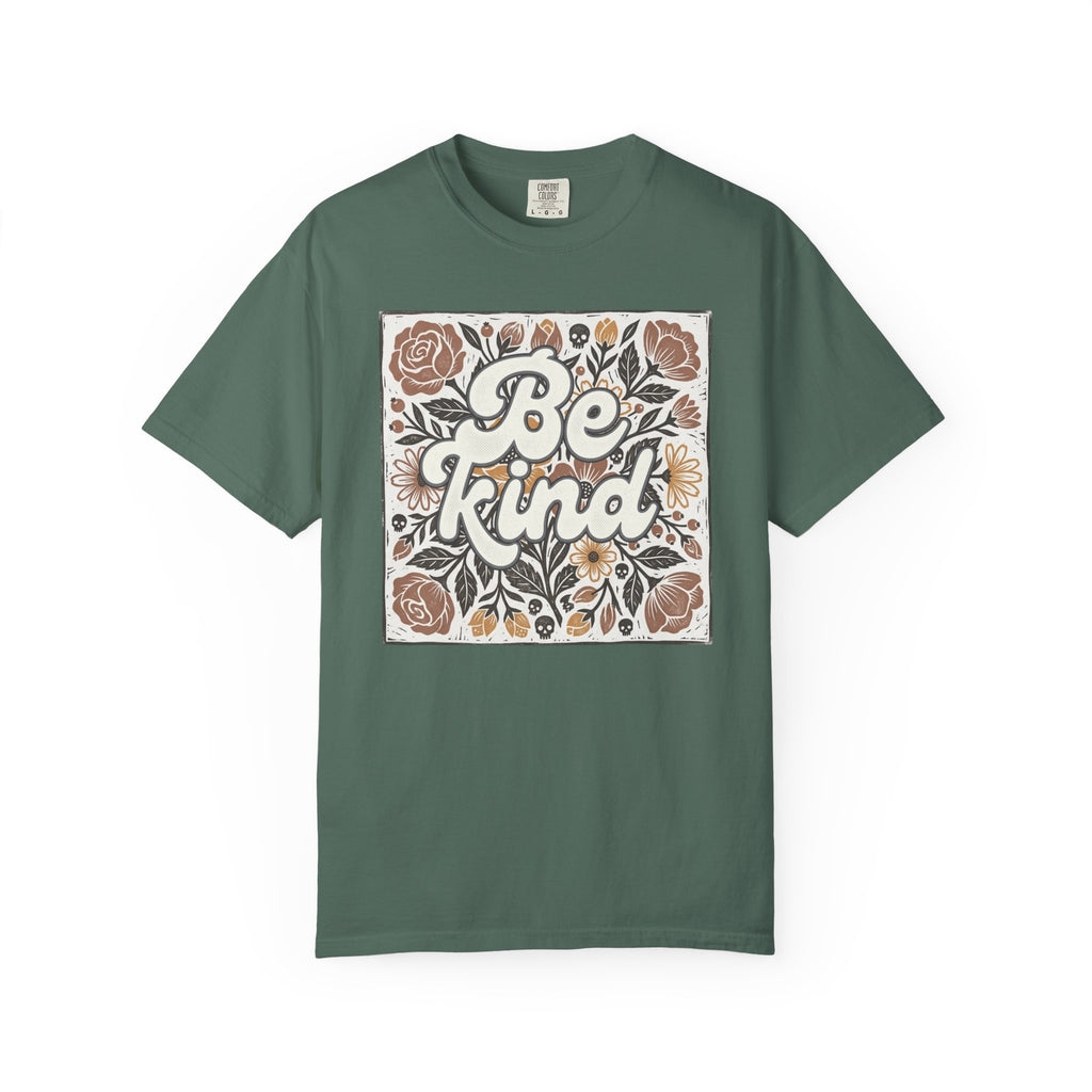Be Kind Floral T-Shirt — Linocut Vintage Rose Positive Message Tee