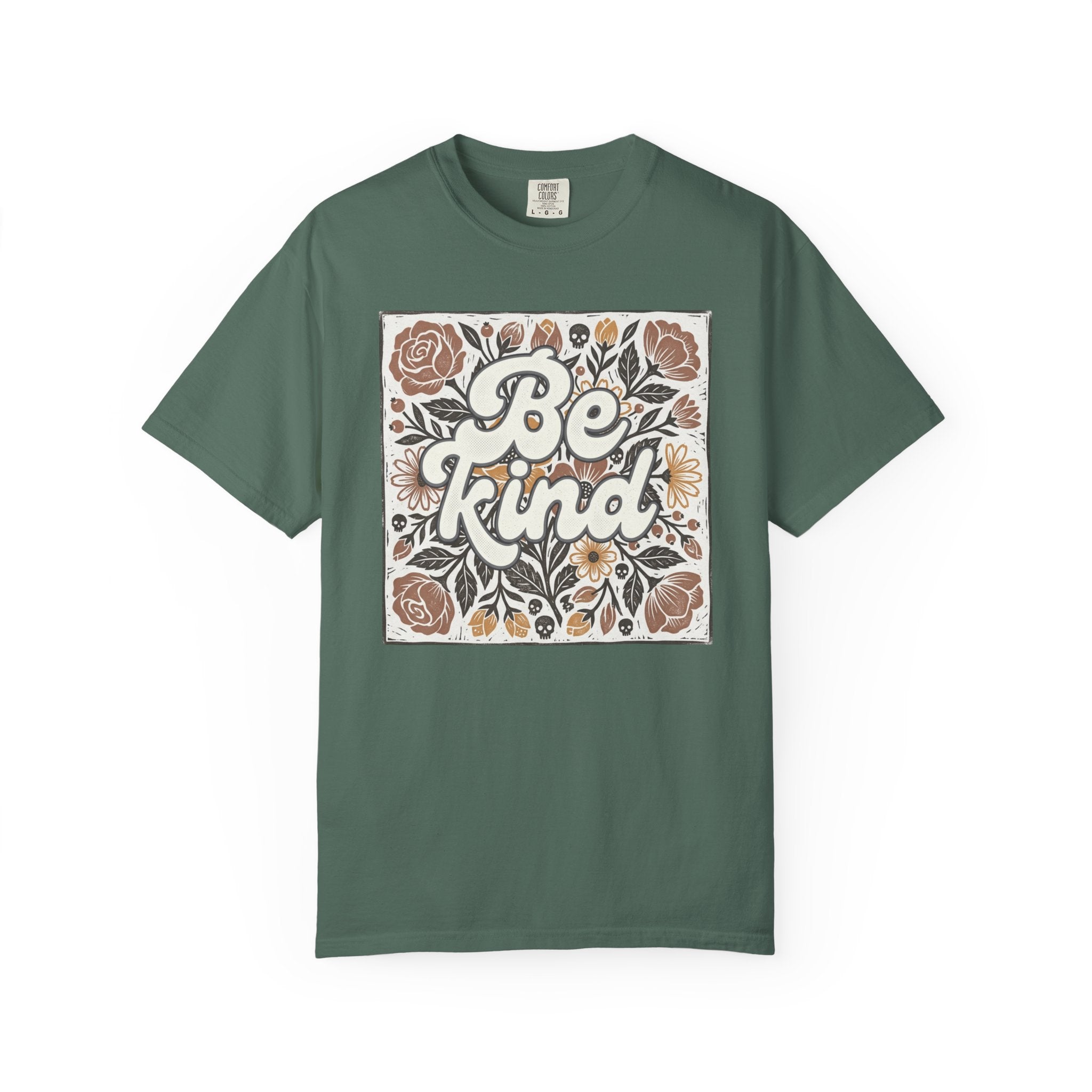 Be Kind Floral T-Shirt — Linocut Vintage Rose Positive Message Tee