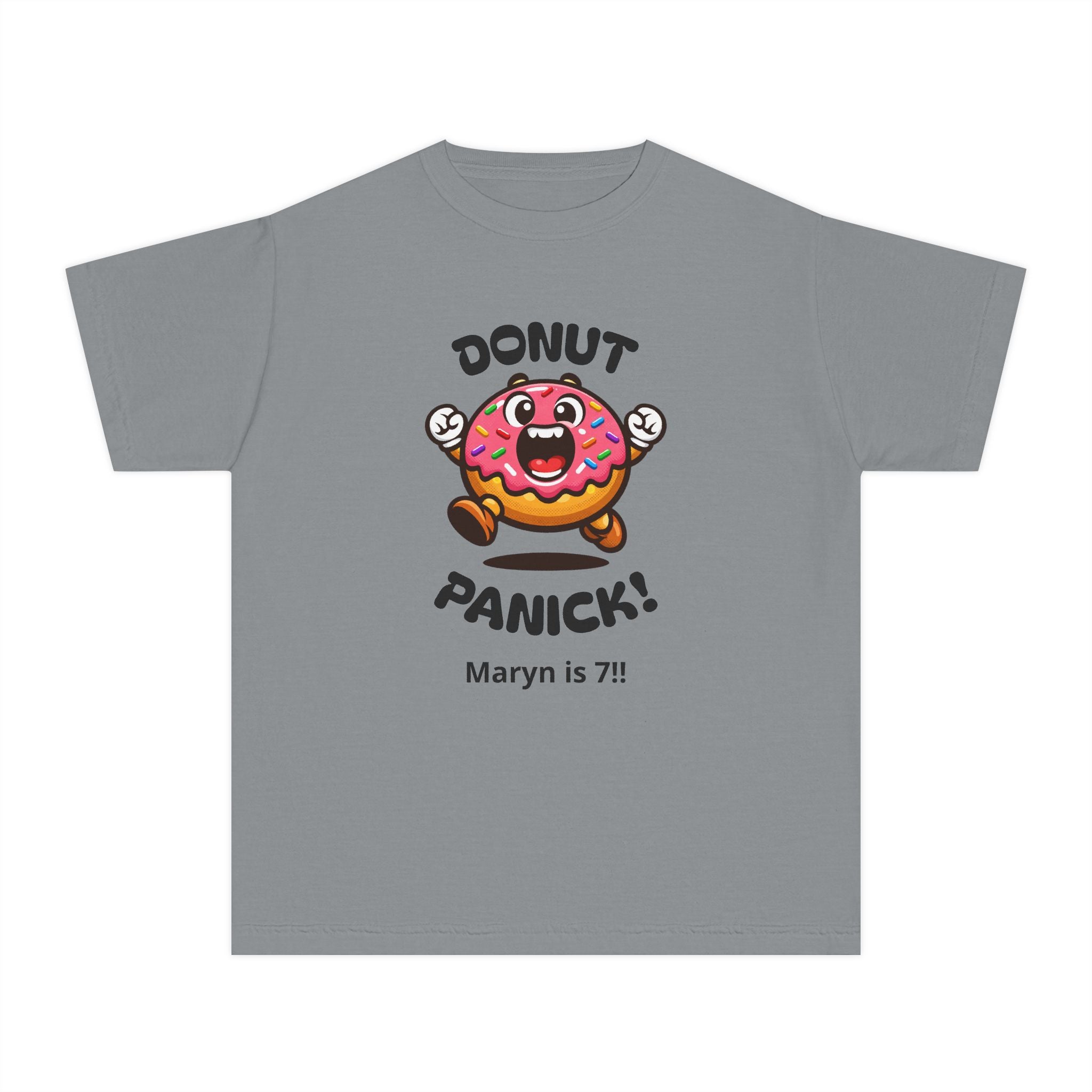 Kids "Donut Panic!" Tee — Custom Name Age Birthday Shirt