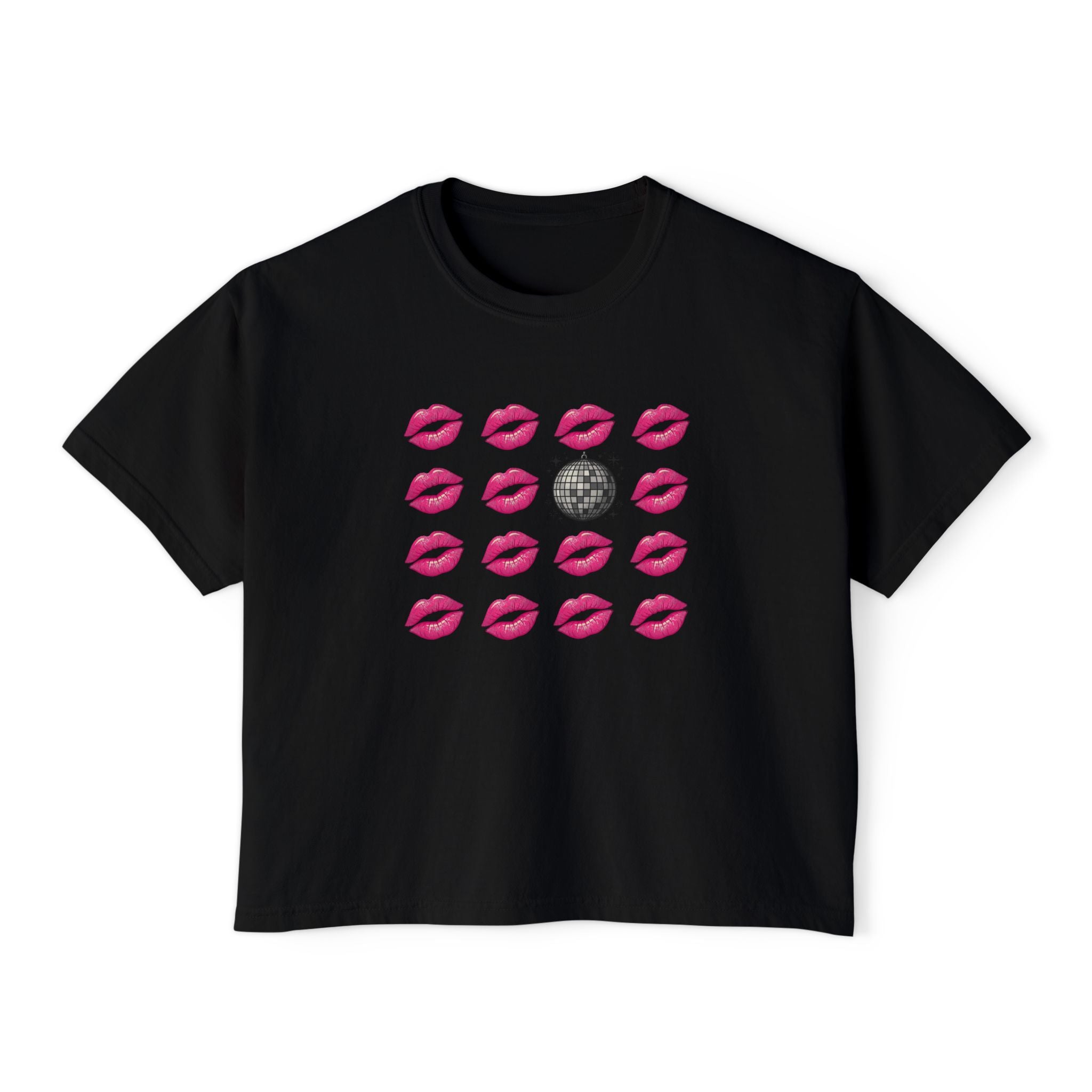 Kiss Kiss Disco Boxy Tee — Pink Lip Pattern with Disco Ball