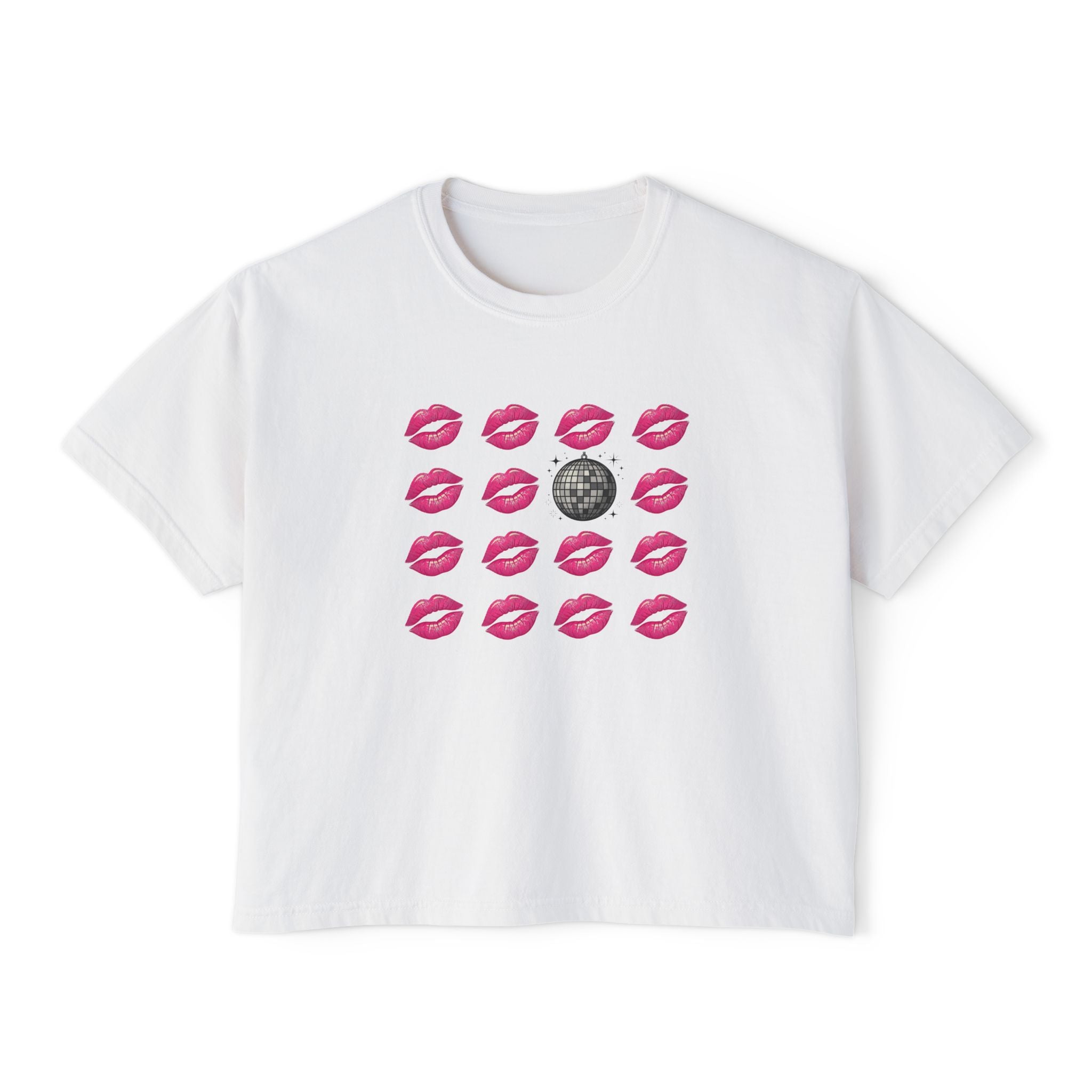 Kiss Kiss Disco Boxy Tee — Pink Lip Pattern with Disco Ball